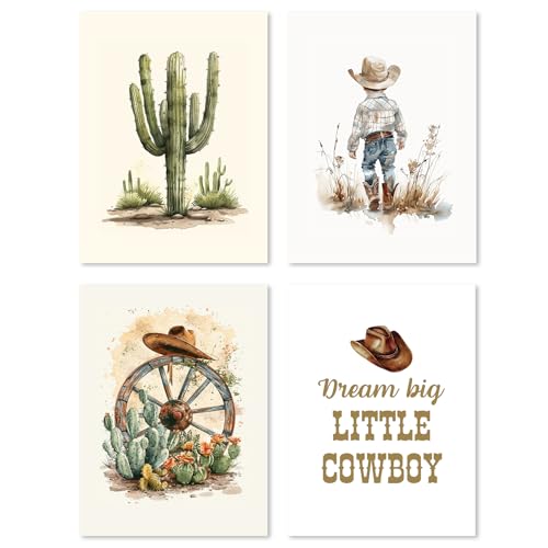 Image of Hxlac Western Cowboy Wall Art Prints Set of 4 Unframed - Desert Cactus Hats Wall Decor for Toddler Kid Boy Room, Dream Big Little Cowboy (12x16Inches)