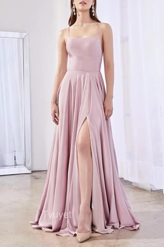 Image of Tvuyet Satin Prom Dresses Long with Pockets Spaghetti Straps A Line Bridesmaid Dresses with Side Slit Ball Gown