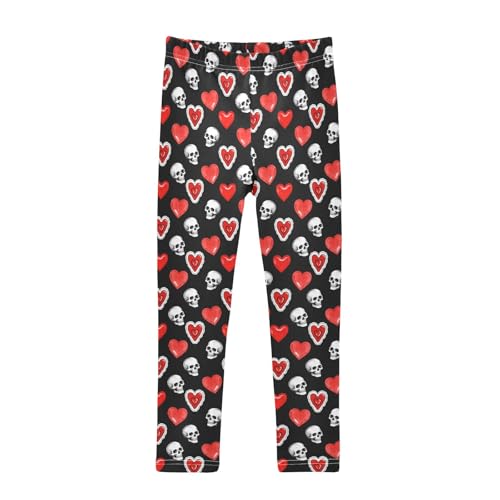 Red Hearts Skull Girls Leggings Soft Comfortable Athletic Leggings Dancing Pants for 4-10 Years