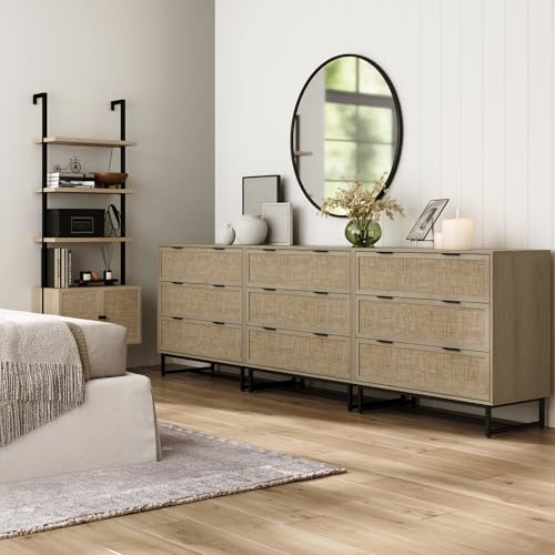 Image of Nathan James Kova 3-Drawer Rattan Dresser or Boheminan Living Room Storage Cabinet with Textiline Rattan Accent and Metal Legs, Light Oak /Black, Set of 3