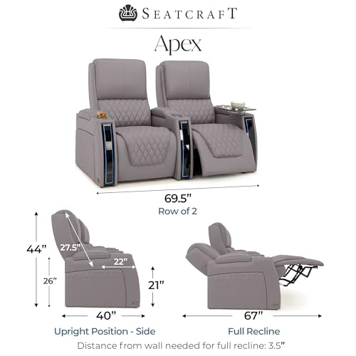 Image of Seatcraft Apex Gray Italian Leather Home Theater Seating, Zero Gravity Power Recliner, Powered Headrest and Lumbar Gaming and Home Office Chair, Lounge Sofa Furniture for Cinema Room, Row of 2