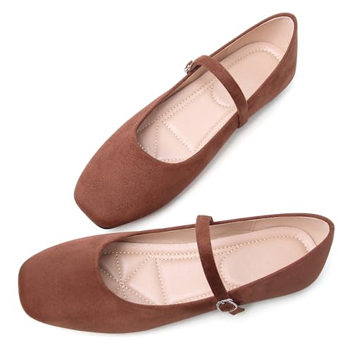 Dear Time Women's Comfortable Mary Jane Flats Soft Flats Square Toe Casual Ballet Flats with Ankle Strap