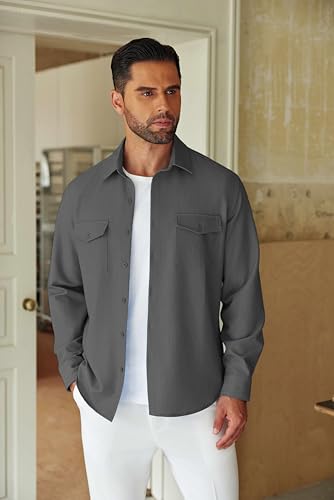 COOFANDY Men's Casual Button Down Shirt Long Sleeve Untucked Shirt Stretch Denim Dress Shirt with Pockets4