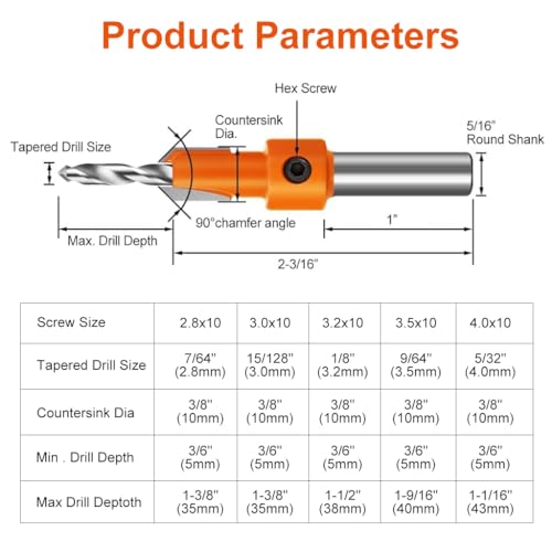Image of Serplex 10Pcs Wood Countersink Drill Bit Set, 5Pcs Countersink Drill Bit with 5Pcs Extra Pilot Drilling Bits with 5 /16 inch Round Shank, Counter Sinker Drilling Bits Set for Woodworking