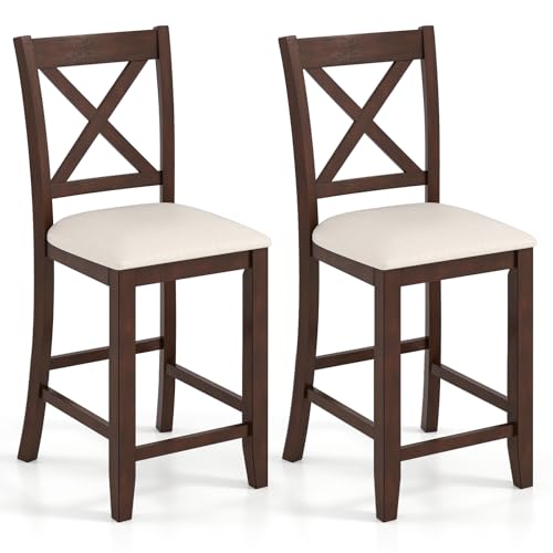 Giantex 24' Bar Stools Set of 2, Farmhouse Counter Height Barstools w/Footrest, Cross Back, Comfortable Linen Cushion, Upholstered Wood Bar Chairs for Kitchen Island Dining Room Cafe, Walnut & Beige