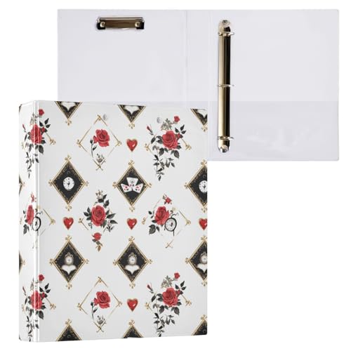 Fustylead Black and Gold Diamonds with Roses Clocks 3 Ring Binder, 1.5" D-Ring Hardcover Folder with Clipboard & 3 Clear Pockets, Holds 200 Sheets A4 Size Paper for School Home Office