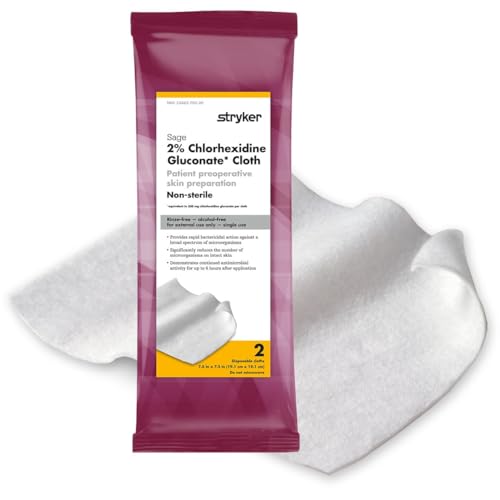 Stryker - Sage 2% Chlorhexidine Gluconate (CHG) Cloths 24 Packs of 2 (48 Wipes Total) Rinse-free Antiseptic Preoperative Skin Preparation