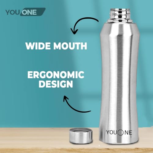 Image of YOUONE Stainless Steel Water Bottle (1 Litre, Set of 1)| Leak Proof Thunder for Fridge Home Office Travel School Kids Boys Girls Adults Sports Gym Yoga (Silver)
