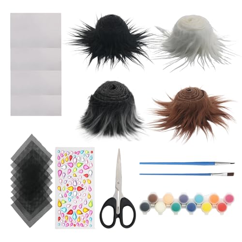 Therian Maskenmaterial Kit de 22 mascarillas, máscaras terianas con piel sintética y piezas de fieltro autoadhesivas, pinturas acrílicas de 2 ml en 12 colores y 2 pinceles con 8 máscaras para ojos y