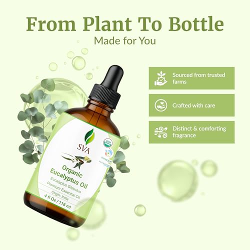 Image of SVA Organic Eucalyptus Essential Oil with Dropper, 4 Fl Oz (118 mL) | Organic Eucalyptus Oil for Diffuser, Humidifier, Spa, Sauna, Hair, Skin, Massage, Soap Making, Candle Making & DIY Projects