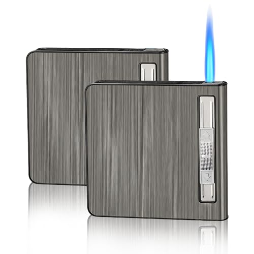 2 pitilleros con mechero, caja de cigarrillos para 20 cigarrillos, caja de cigarrillos de metal, dispensador de cigarrillos para hombre y mujer, negro (A)