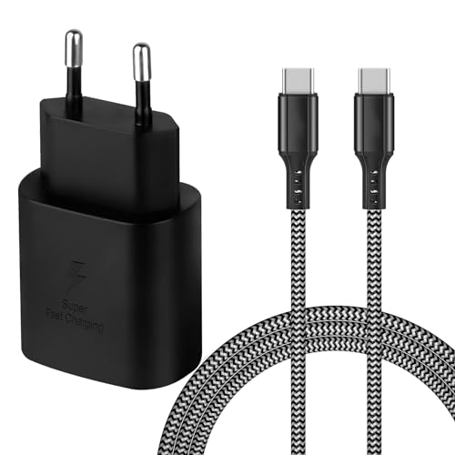 KAIMENGLONG Cargador Rápido USB C de 25 W Cargador Súper Rápido con Cable de Nailon USB C de 2 m para Samsung Galaxy S25/S24/S23/S22/S21 Ultra/S20 FE/Z Flip 6/Z Fold 6/Note 20/10/9/A53/A54/A55 5G