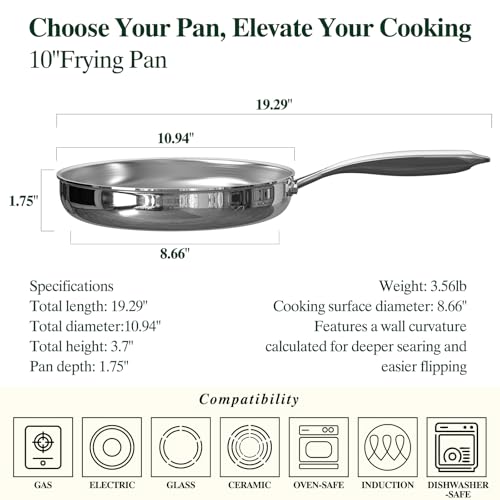 Image of Umite Chef 10 Inch Stainless Steel Frying Pan, Non-Toxic 5 Ply Stainless Clad, Professional Skillet Cookware, Dishwasher Safe Kitchen Pan, Compatible with Induction, Oven Safe Saucepan,PFOA&PTFE Free