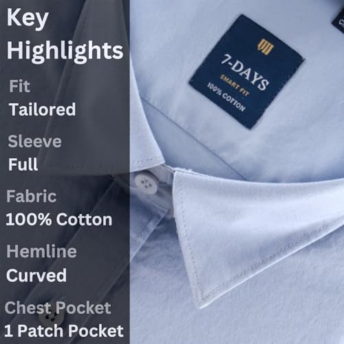 Image of 7-DAYS Men's 100% Cotton Full Sleeve Shirt for Men | Premium Plain Shirt | Tailored Fit (Between Slim & Regular) | Stylish Office & Casual Wear | with Pocket