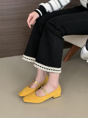 Mary Jane Ballet Flats for Women Square Toe Low Block Heel Metallic Strap Suede Vintage Shoes Comfortable Retro for Office Work Casual3