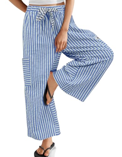 Image of Tarse Women’s Striped Wide Leg Pants Drawstring Casual Boho Palazzo Pants Loose Lounge Beach Vacation Trousers, Dark Light Blue, XXL