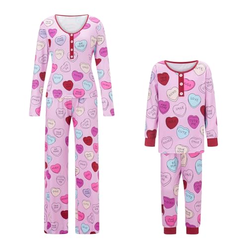FULA-bao Valentine's Day Mommy and Me Matching Pajamas Sweet Heart Printed Long Sleeve Shirt Pants Set 2 Pcs Sleepwear Lounge