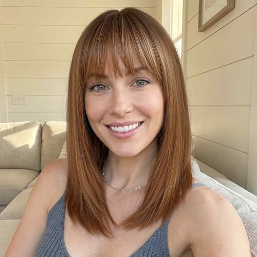 Image of 16 Inch Ombre Brown Human Hair Wig, Human Hair Wig With Bangs, Real Hair Wigs For Women, real human hair wigs
