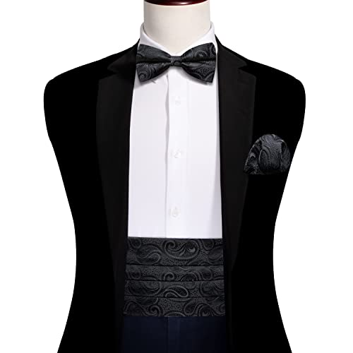 Image of Barry.Wang Men Silk Paisley Cummerbund and Pre-tied Bowtie Handkerchief Cufflink Set for Tuxedo