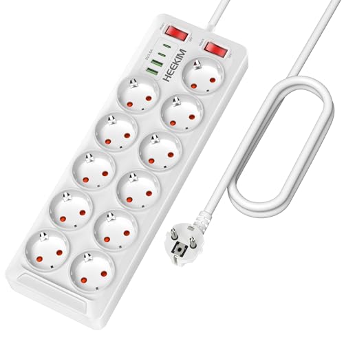 Regleta Enchufes USB, Regleta 4000W 16A con 11 Toma de Corriente y 2 USB-A y 2 USB-C Puertos, 2 Interruptores, Enchufe Multiple Cable de Extensión 2M para Hogar, Oficina, Escuela (Blanco, 2M)