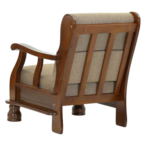 Image of Royaloak Melaka Wooden Single Seater Sofa with Brown Colour Cushion | Solid Wood | Fabric Cushion Cover | Moulded Foam Cushions | Curved Arm Design | Durable & Long Lasting | Malaysian Collection