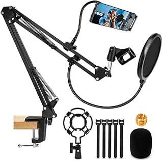 Microphone Arm Stand, Renfox Adjustable Suspension Boom Scissor Mic Stand with Pop Filter, 3/8" to 5/8" Adapter, Mic Clip, Upgraded Heavy Duty Clamp for Blue Yeti Nano Snowball Ice and Other Mics