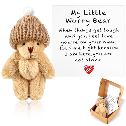 Estedro Mini Worry Bear with A Hat Handmade Positive Bear My Little Worry Bears in A Box Hug Pocket Bears Soft for Lovers Family Adults Emotional Support Relationship Gift with Encouragement Card