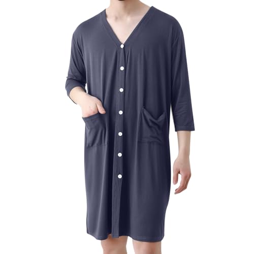 Men's V-Neck Robe 3/4 Sleeve Button Down House Coat Knee Length Bathrobe Nightgown Loungewear with Pockets