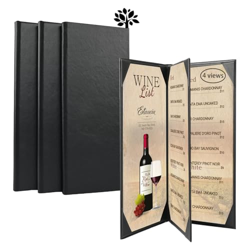 4.25 x 11inches Leather Menu Holder with Strong Wood Inside, 3 Packs Leather Menu Covers 4 View Book Style Restaurant Menu Covers for Wine List Coffee Bars Hotel Restaurant（4.25” x 11”/4 views /3 pcs）