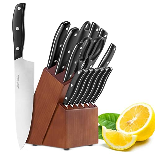 🍋【Serie di Coltelli Ideale per Principianti】 - Set di coltelli da cucina professionali per tutte le esigenze della cucina, il blocco coltelli da 16 pezzi è costituito da un blocco di legno di pino, la forbice da cucina e un cutter da chef da 8 ipollici, un cutter per affettare da 8 pollici e un pane da 8 pollici Cutter, cutter da 7 pollici, taglierino multiuso da 5 pollici, taglierino da 3 pollici, taglierino da bistecca 6 x 4,5 pollici, asta per affilare 8 pollici.