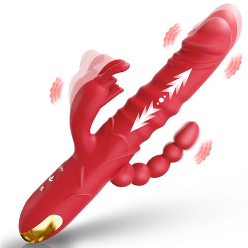Image of SUPOLA Thrusting Rabbit G Spot Dildo, 4 in 1 Sex Toys for Women, Red | 3 Thrust & 10 Vibration Modes with Anal Clitoral Stimulation, 4 Powerful Motors, Soft Silicone, Waterproof, USB Rechargeable