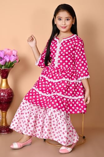 Image of First DREAMGirls Pink Bandhani Printed with Cotton Flower Lace Kurta with Sharara