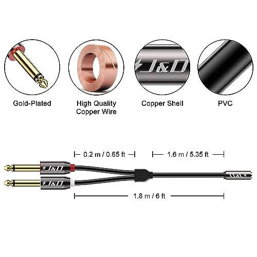 J&D 3.5 mm to 2 x 6.35 mm Cable, Gold Plated Copper Shell Heavy Duty 3.5mm 1/8 inch Female TRS to 2X 6.35mm 1/4 inch Male TS Stereo Audio Adapter Cable for iPhone, Amplifiers, 6 Feet - image 3