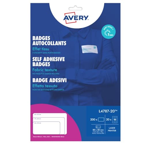 Badges adhésifs Avery L4787-20 en soie d'acétate blanche et liseré bleu pour impression laser