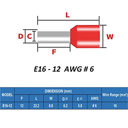 Image of 200 Pcs Wire Ferrule Connectors, Wire Ferrule Kits, 6 AWG Wire Crimp Terminals E16-12 Insulated Pin Cord End Connectors, Red Black