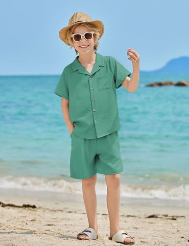 Image of Arshiner Boys 2 Pieces Summer Beach Outfits Short Sleeve Button Down Shirts and Shorts Vacation Texture Sets for Kids