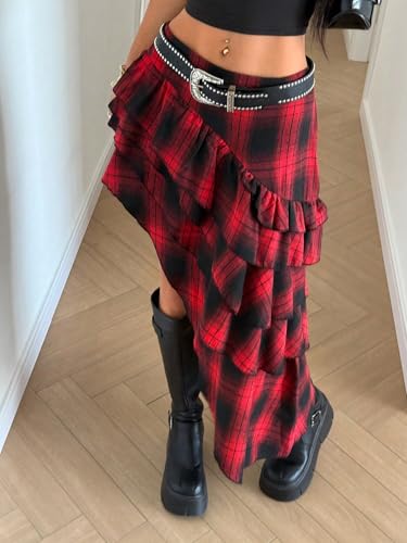 Verdusa Women's Plaid Asymmetrical Skirt Gothic Y2K Punk Layered Ruffle Skirts4