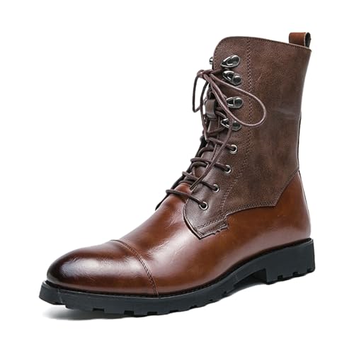 UZUJBAA Men's Genuine Leather Patchwork Rivet Cap Toe Combat Boots Fashion Lace Up Round Toe Block Chunky Heel Mid Calf Derby Booties For Riding Hunting (brown,7)