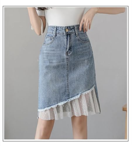 Womens Elegant High Waist Denim Skirt with Lace Patchwork Detail Casual Jean Skirt4