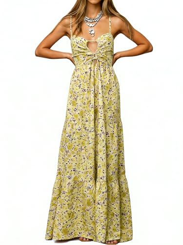 Image of Womens Summer Floral Spaghetti Strap Backless Low Cut Smocked Milkmaid Flowy Beach Sundresses