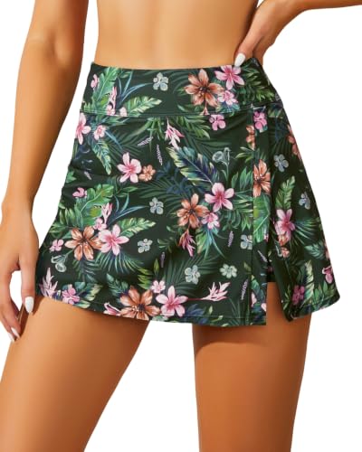 Image of Women Swim Skirt Tummy Control Swimsuit Skirt with Built-in Shorts High Waisted Split Swim Bottom (Available in Plus)