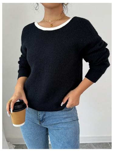 Image of Floerns Women's Colorblock Bowkbot Back Long Sleeve Sweater Cute Pullover Tops Black Large