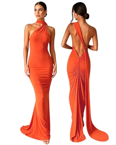 Image of Suillty Women's Sexy Oblique Shoulder Backless Maxi Dress Ruched Back Strap Sleeveless Party Club Long Dresses Bodycon
