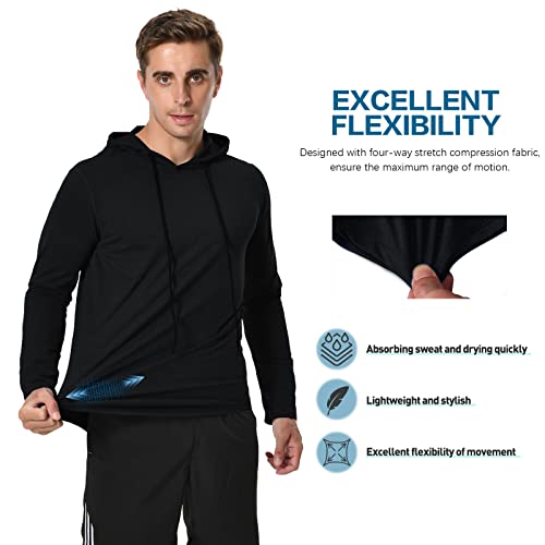 Meetyoo Long Sleeve Workout Hoodie Shirts For Men, Lightweight Athletic Running Hooded T-Shirt Gym Fishing Sweatshirts Black #TOP3