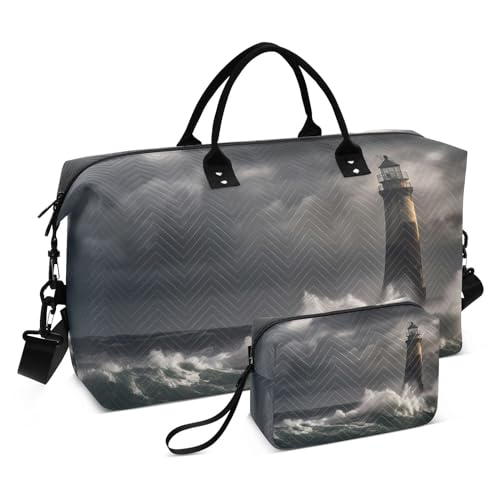 Large Travel Duffel Bag, Lighthouse Waves Dark Sport Tote Gym Bag, Shoulder Weekender Overnight Bag for Women Men, Carry On Luggage with Toiletry Bag