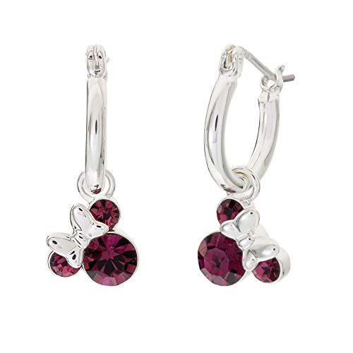 Disney Minnie Mouse Jewelry, February Crystal Birthstone Silver Plated Hoop Earrings, Latch Back #TOP1