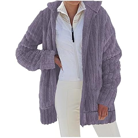 Classic Long Sleeve Coats Women Oversize Winter Office Cozy Fluff Coat Solid Loose Fit Zip Hood Outerwear Women Purple Cover