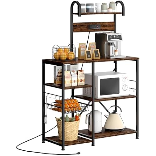 JAMFLY 35.4 inch Kitchen Bakers Rack with Power Outlet, Coffee Bar Table & Microwave Stand, Storage Shelf Rack with Wire Basket & 6 S-shaped Hooks for Spices, Pots and Pans - Rustic Brown