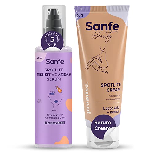 Sanfe Dark Spot Body Lightening Combo | For Dark Neck, Underarms, Inner Thighs, Joints | 2 Step Body Care Routine for women – Glo Cream and Lightening Serum | For Dark Patches, Detanning, Anti Aging and Skin | Helps in Exfoliation, Lightening & 24 Hr Long Moisture