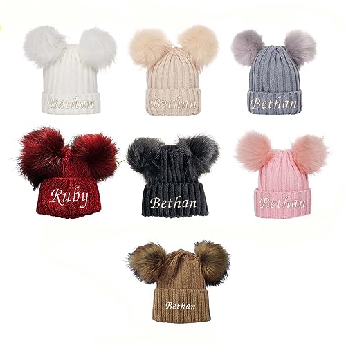 Personalized Baby Double Pom Pom Hat, Custom Name Winter Knitted Beanies for Toddler Kids Grils Warm Slouchy Winter Pompom Beanie Hats Black